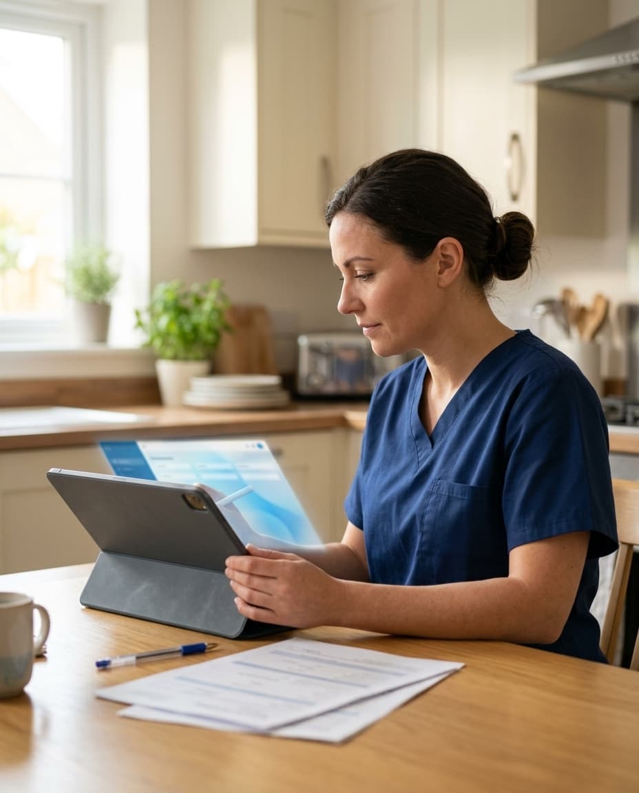Caregiver reviewing forms on a tablet at a kitchen table