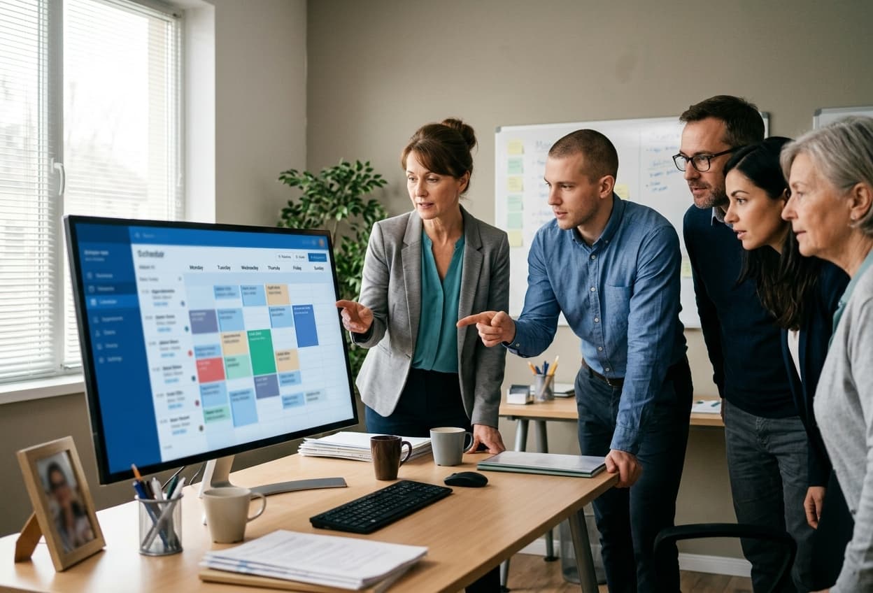 Agency team reviewing a weekly schedule on a shared monitor